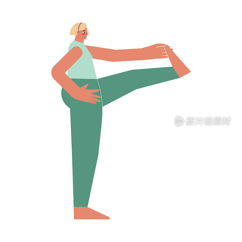 矢量插图与平面女性角色。爱运动的女性在瑜伽课上学习伸展姿势，并做伸展手到大脚趾的姿势。平衡练习- Utthita Hasta Padangustas